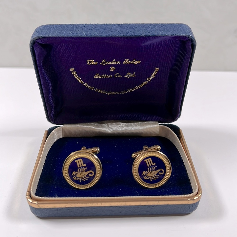 Vintage SCORPIO Zodiac Cufflinks goldtone blue enamel LONDON BADGE and Button